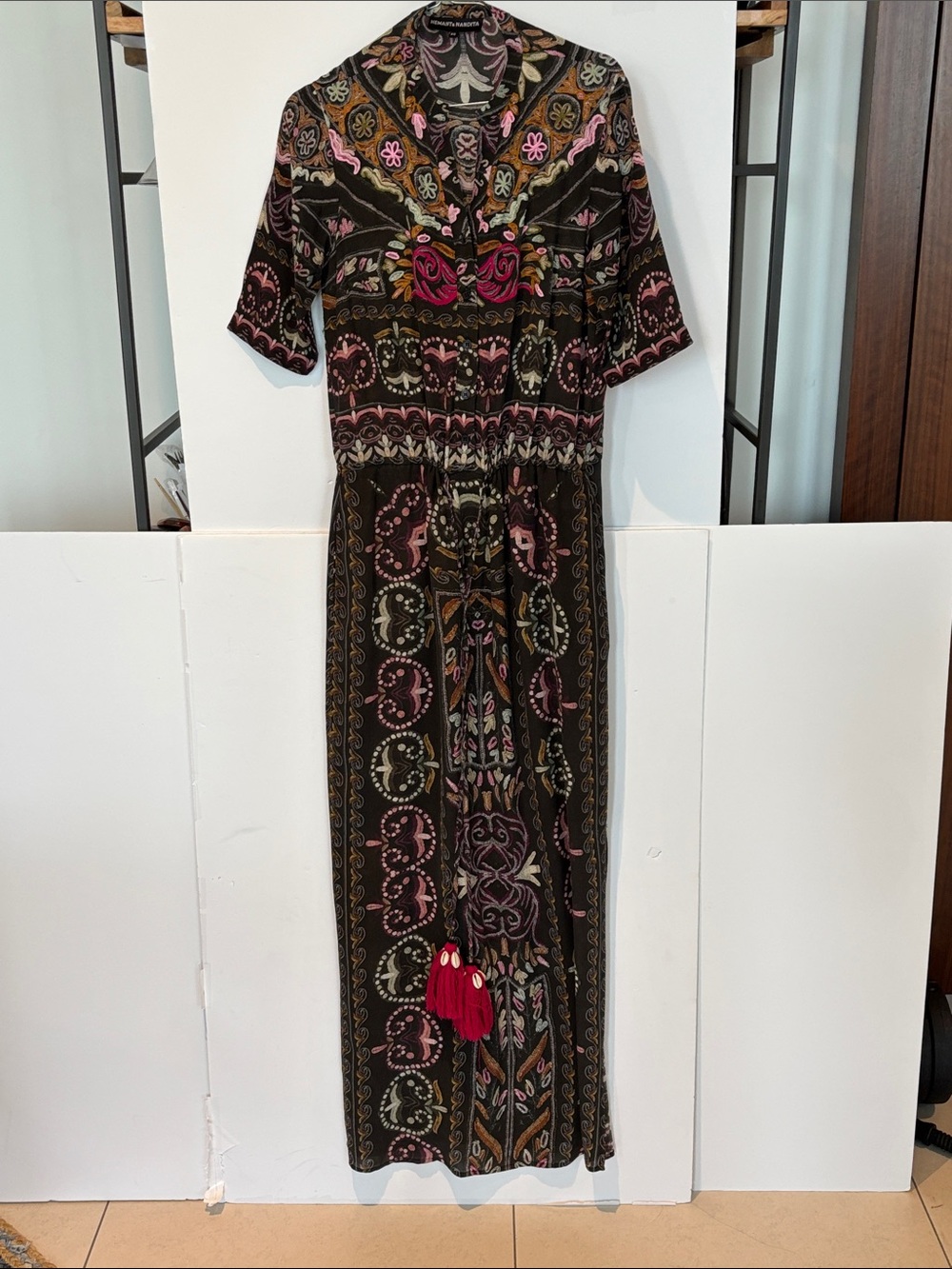 HEMANT & NANDITA Black Maxi Dress with Pink and Olive Floral Motif